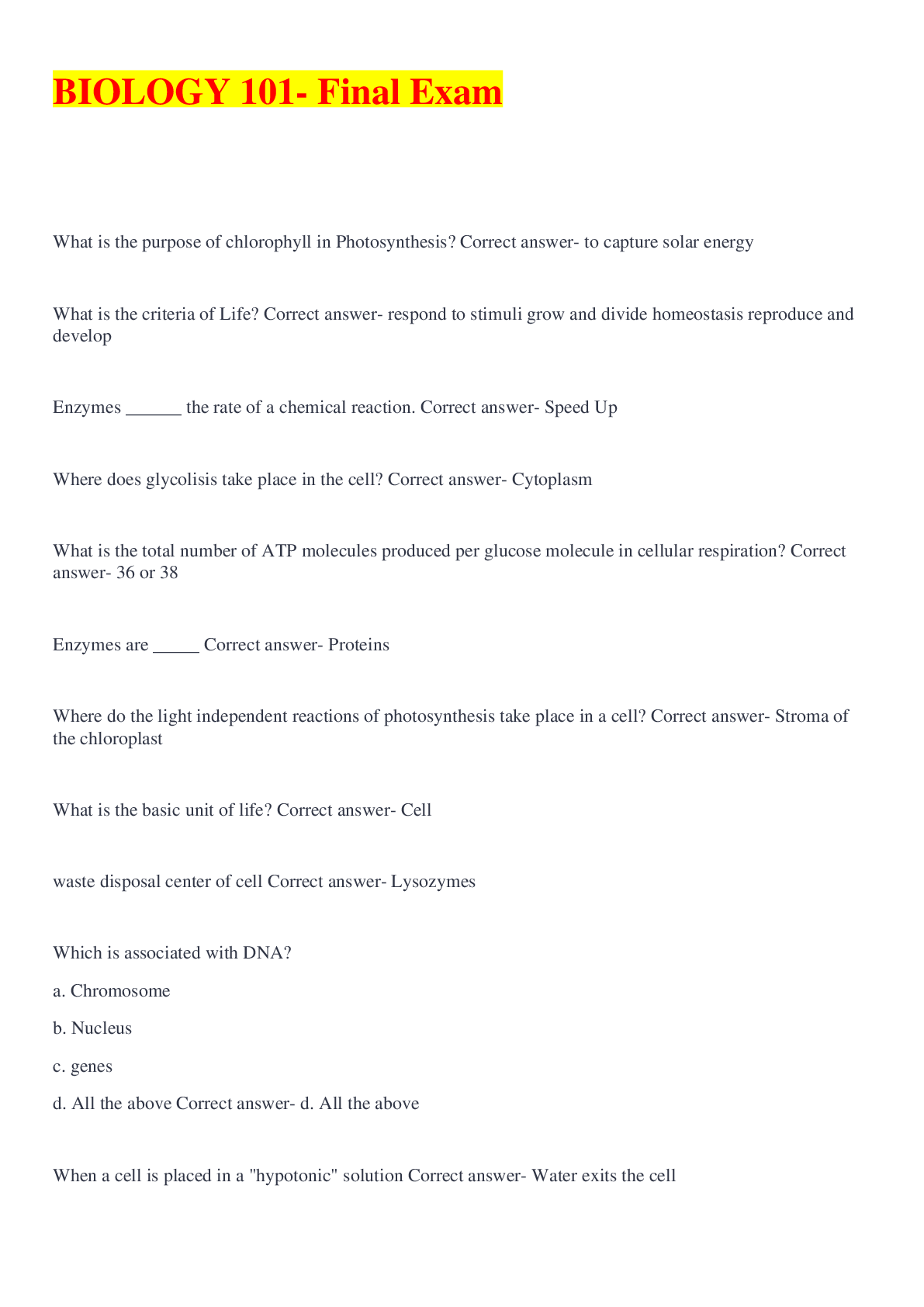 Preview image of BIOLOGY 101- Final Exam document